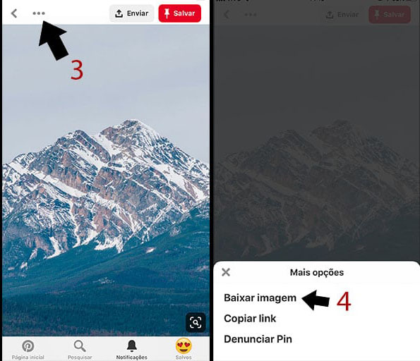 Imagem explicativa dos passos para baixar uma foto do Pinterest para ser usada como Wallpaper para celular.